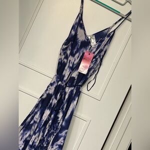 Blue Tie Dye Print Cover up Dress with Pom Pom Hem-sz L